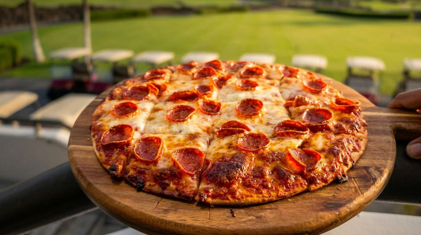 Tavern-style pepperoni pizza with charred crust